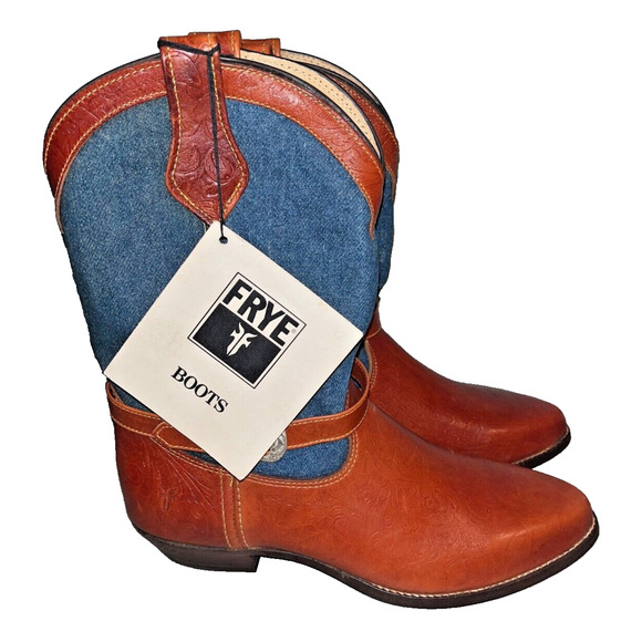 Frye Cowboy Boots Denim Brown Leather Silver Buckles Vintage Sz 8 RARE Deadstock - Picture 4 of 13